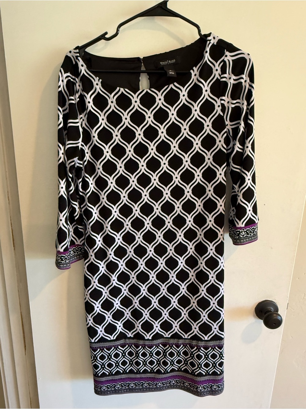 Black & White Geometric Sheath Dress with Purple Accents